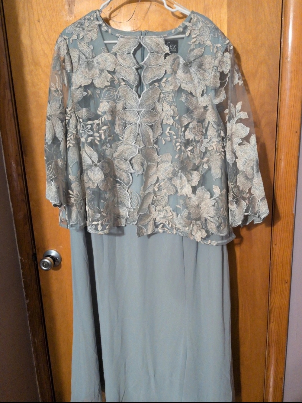 Alex Evenings Sage Green Long Sleeve Lace Overlay Evening Dress